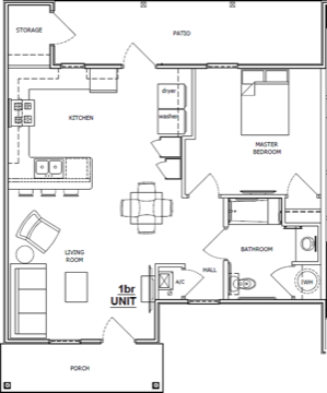 1 bedroom 1 bath furnished design floor plan at Renaud Place Townhomes