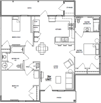 3 bedroom 2 bath furnished design floor plan at Renaud Place Townhomes